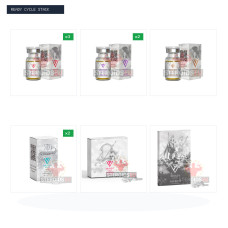 Pro rekompozice Blast & Cruise (16 týdnů): Testos (30 ml) + Primos (Primobolan) + Trenentos + HCG 10 000 IU (Driada)