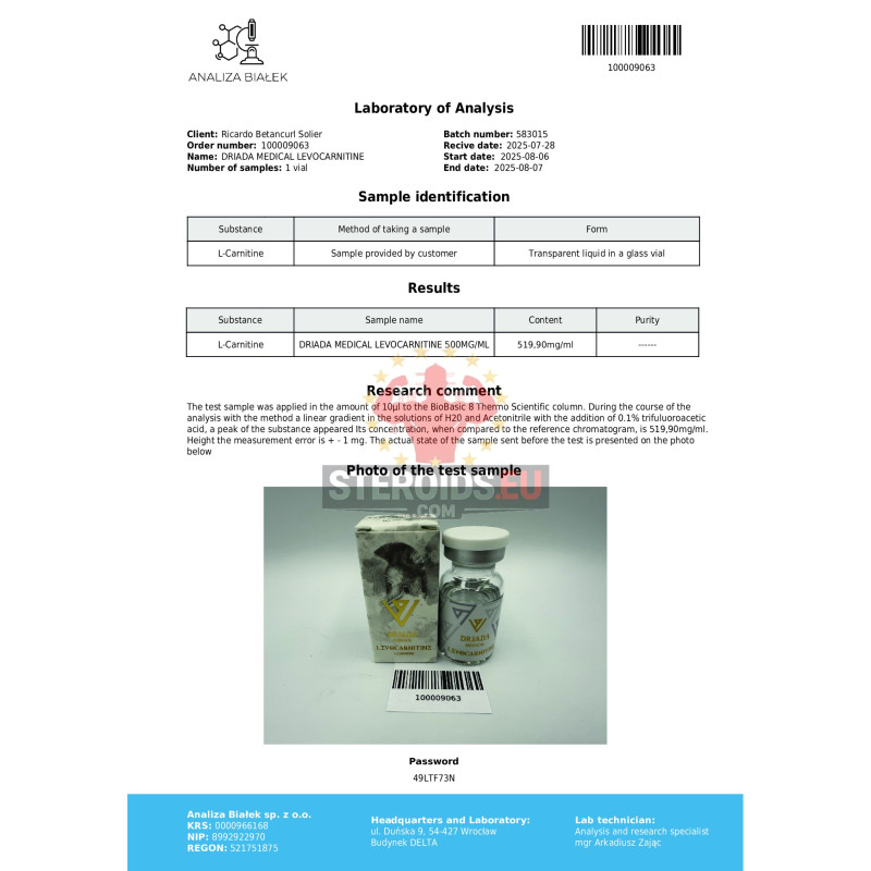 Levocarnitine 500 mg/ml (L-carnitine) 10ml vial