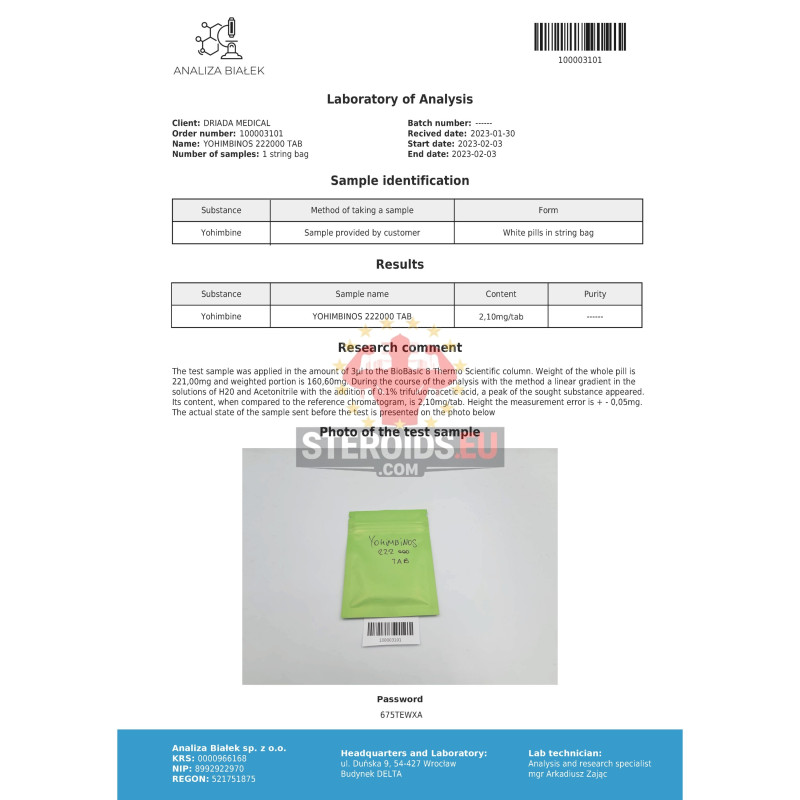Yohimbinos 2,5mg (Yohimbine Hydrochloride) – Driada Medical