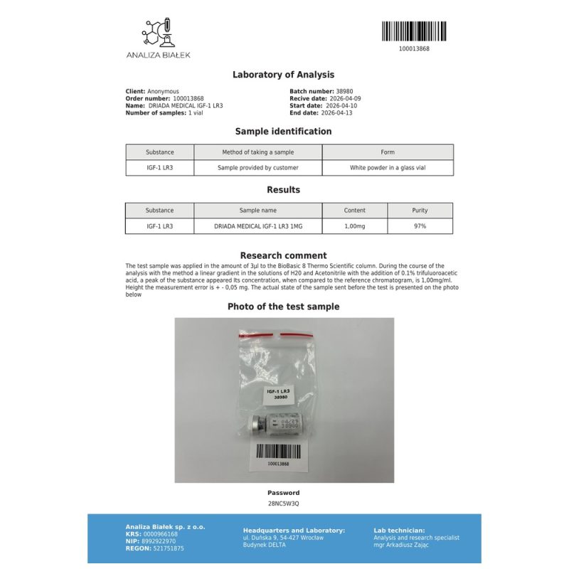 Buy IGF-1 LR3 Driada Medical 1mg (Vial + Water)
