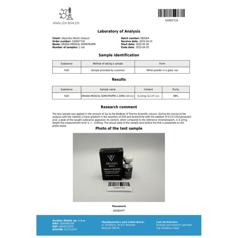 Somatropin HGH Powder Driada Medical | 100 IU (10×10 IU) + Water