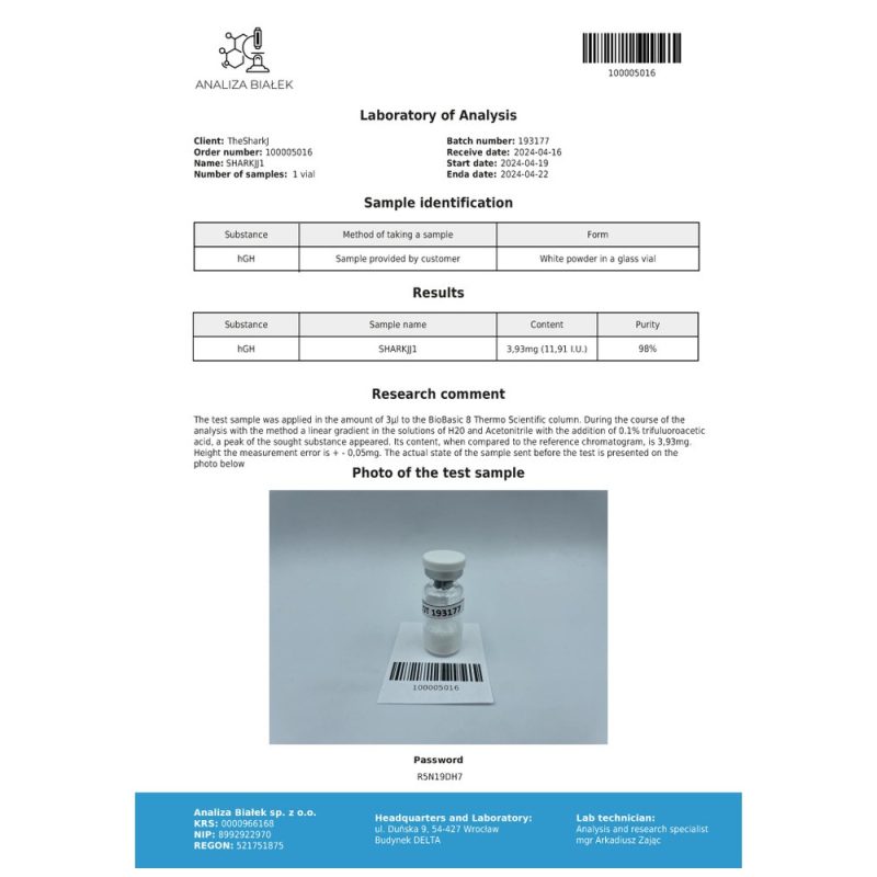 Somatropin HGH Powder Driada Medical | 100 IU (10×10 IU) + Water