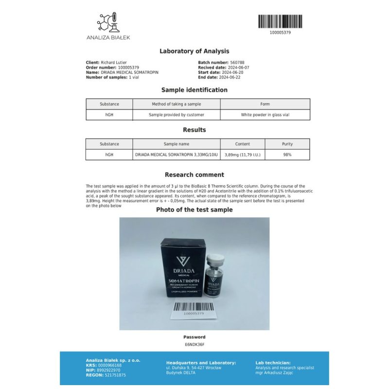 Somatropin HGH Powder Driada Medical | 100 IU (10×10 IU) + Water