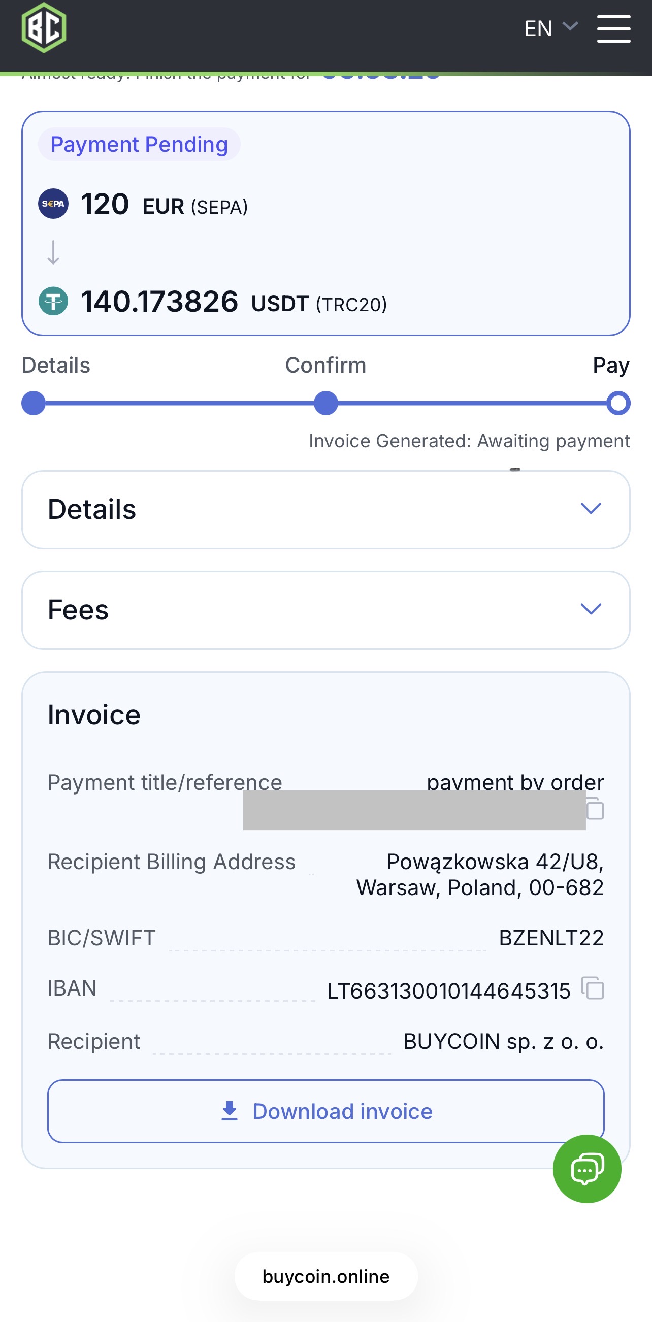 Invoice and bank details