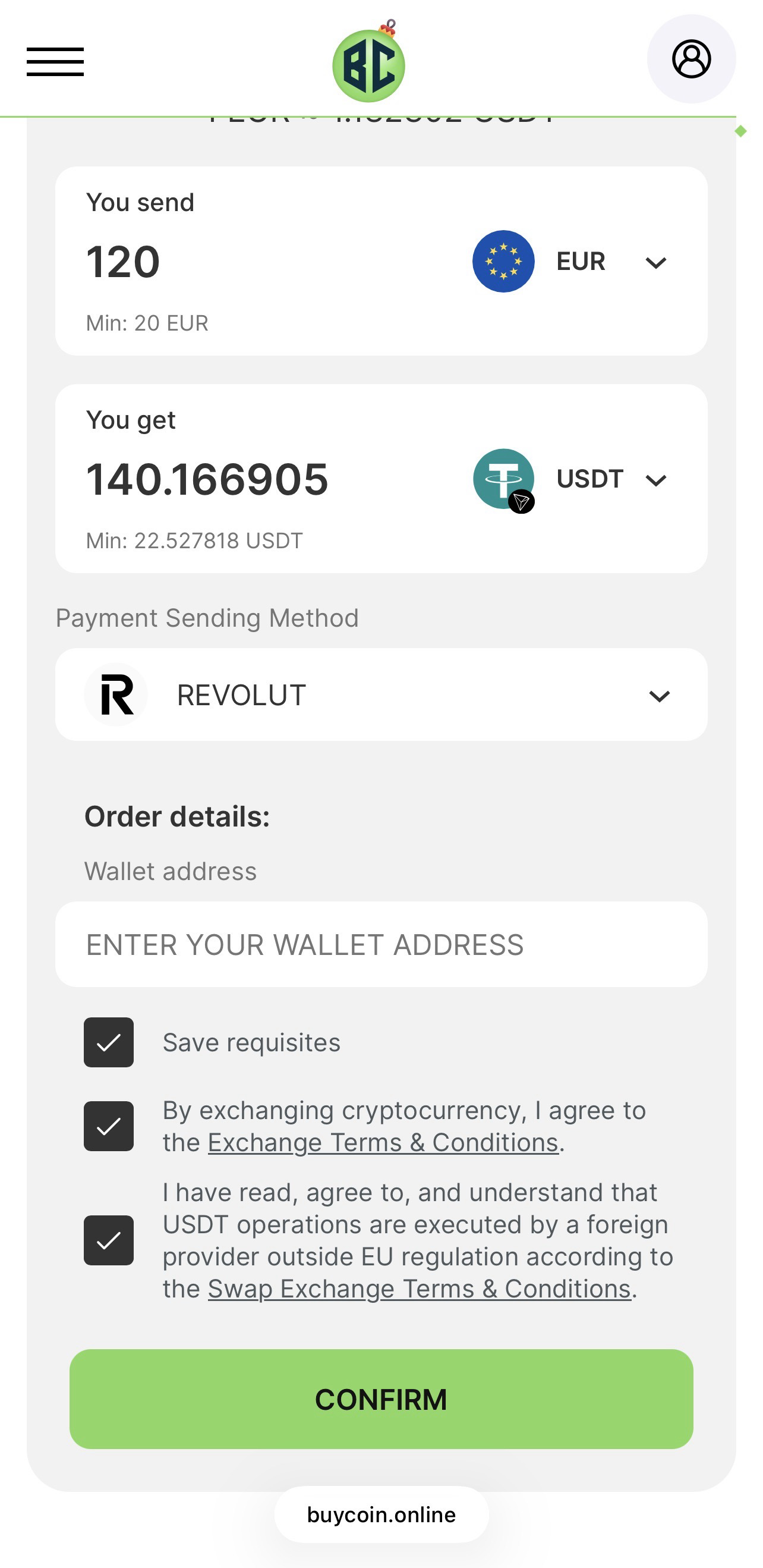Enter USDT wallet address